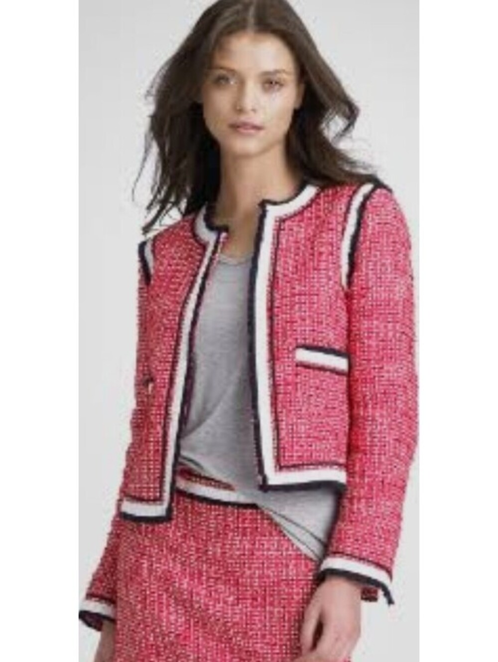 Tory Burch Blazer Women's Sz 2 Red Wht Pnk Cropped FARROW Tweed Grid Jacket $495